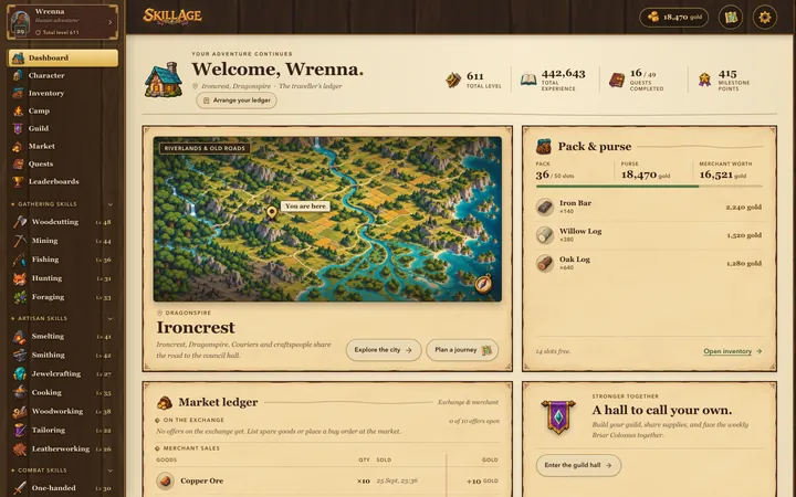The SkillAge dashboard, the traveller’s ledger, with the homeland map, pack and purse, and the market ledger.