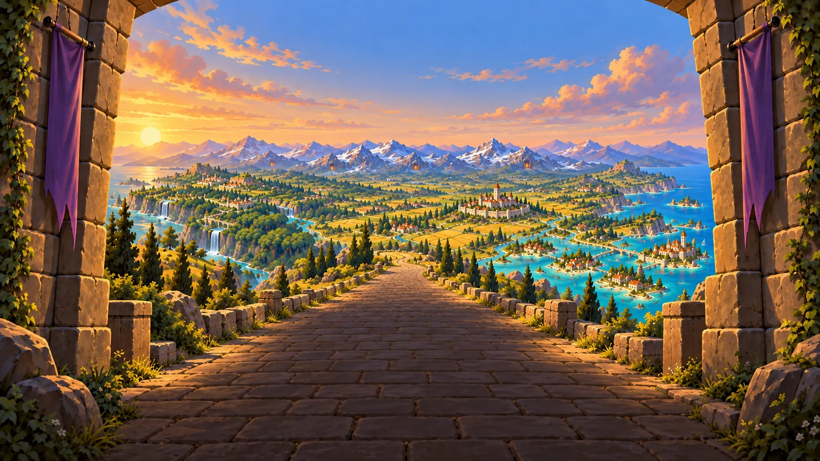 An open stone gate with violet banners overlooks Zygeonia at golden hour: a road leads toward green fields and a stronghold, with snowy forge peaks, pale terraces, deep river forests and turquoise island towns beyond.